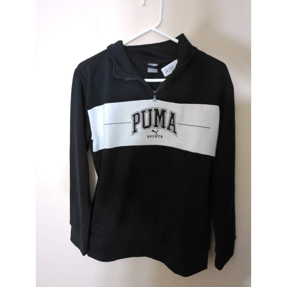 Puma Quarter Zip Pullover Youth Large Black White Block Logo Sporty Sweatshirt